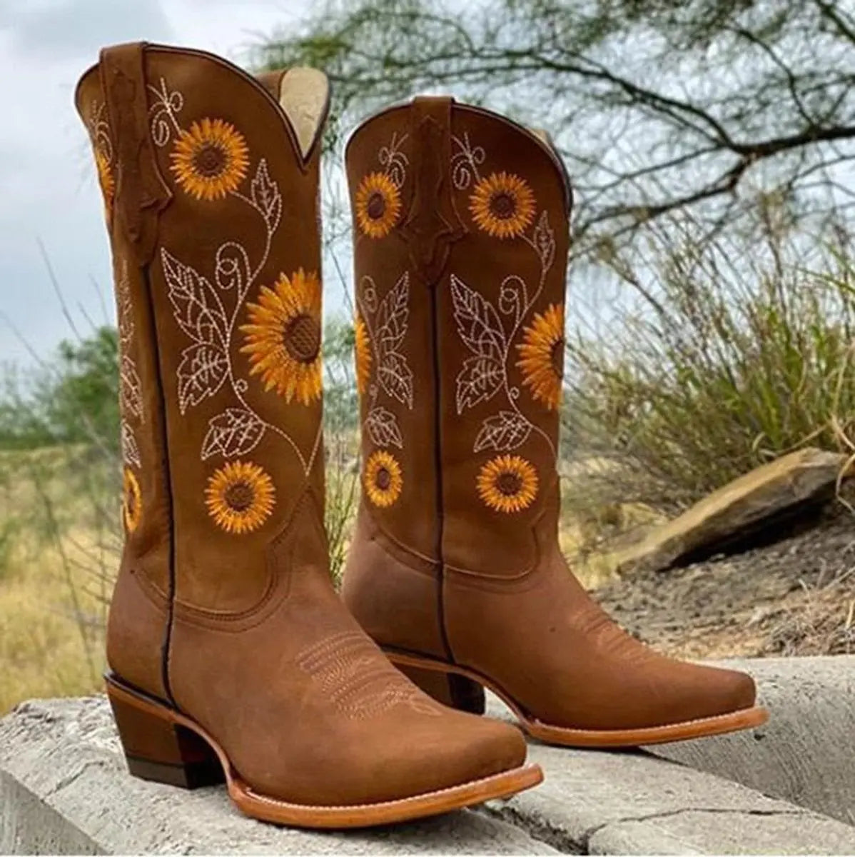 Women's Ankle Boots Sunflower Embroidered Pull-On Cowboy Mid-Calf