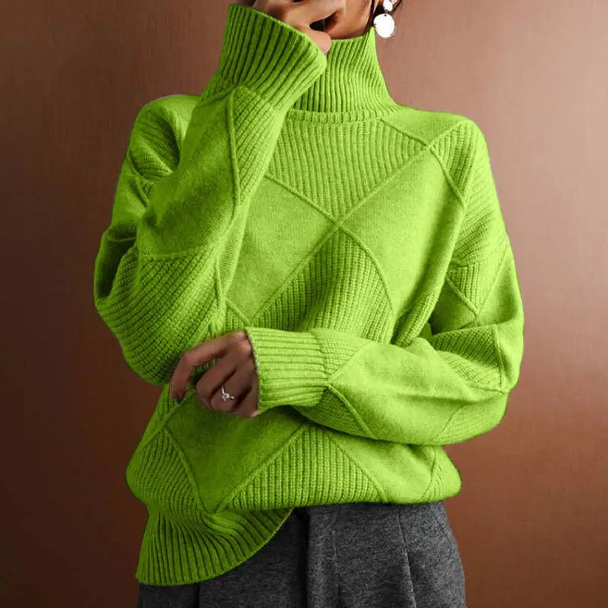 Women's Argyle Knit Turtleneck Sweater Relaxed Fit Jumper - Green