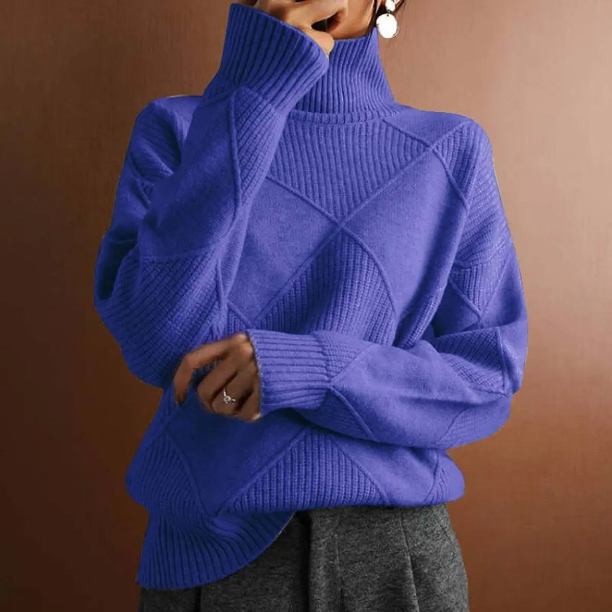 Women's Argyle Knit Turtleneck Sweater Relaxed Fit Jumper - Blue