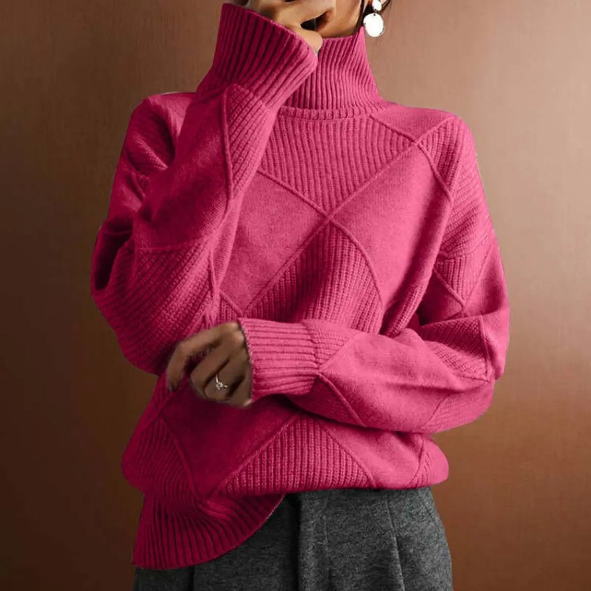 Women's Argyle Knit Turtleneck Sweater Relaxed Fit Jumper - Pink