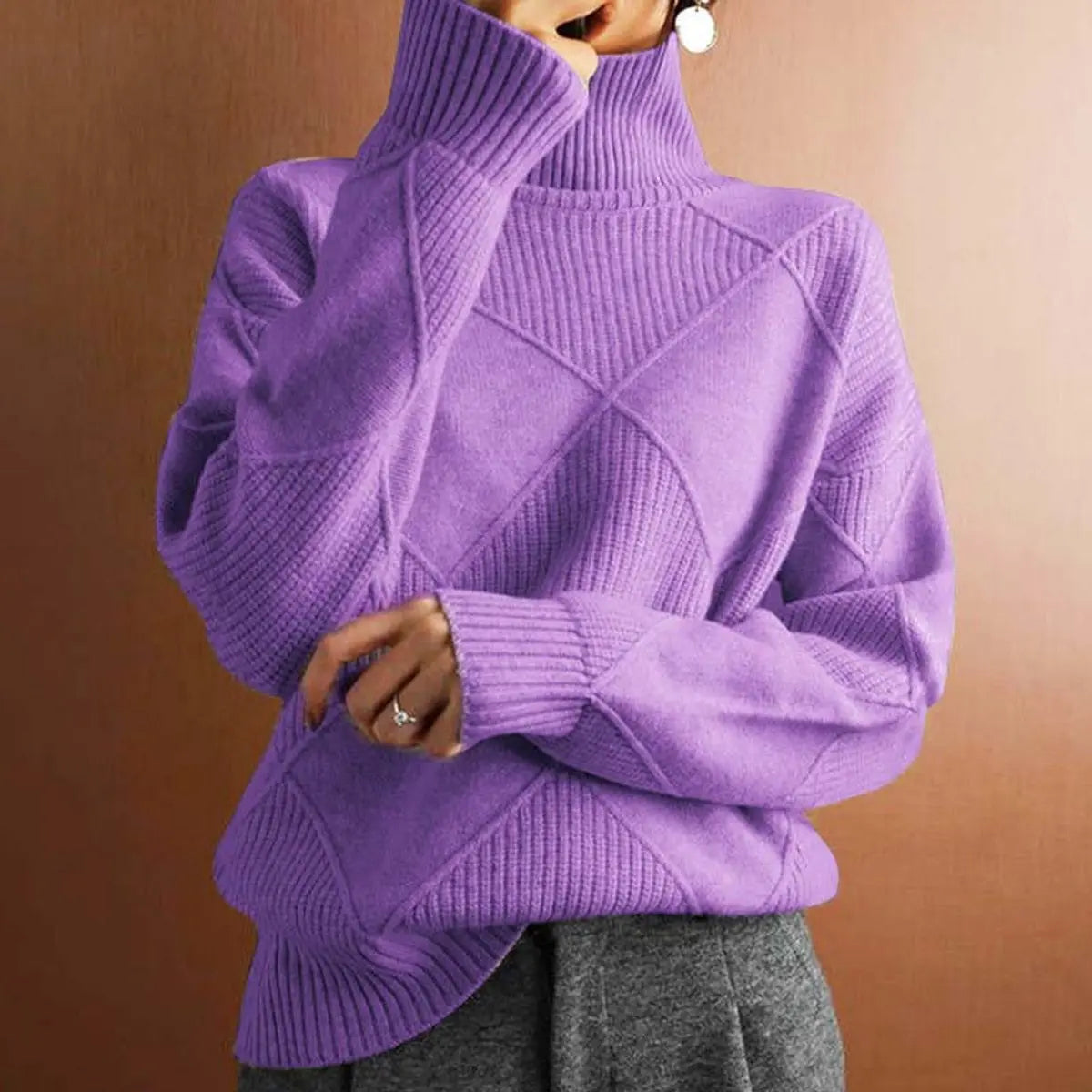 Women's Argyle Knit Turtleneck Sweater Relaxed Fit Jumper - Light Lilac