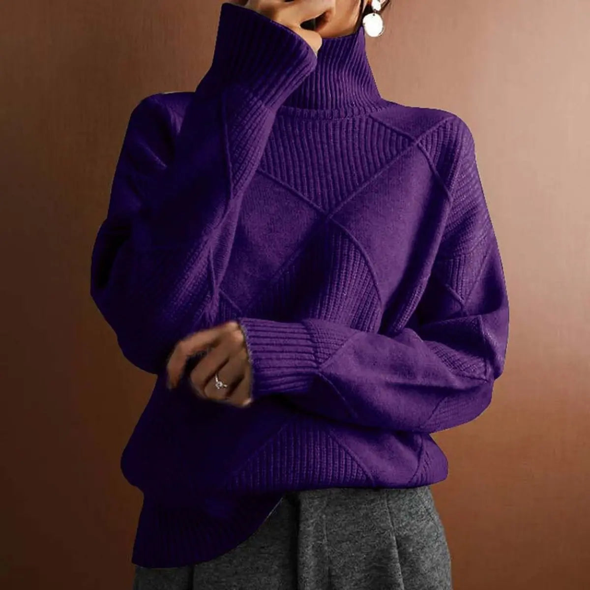 Women's Argyle Knit Turtleneck Sweater Relaxed Fit Jumper - Dark Purple