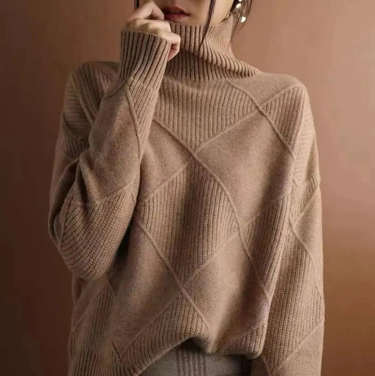 Women's Argyle Knit Turtleneck Sweater Relaxed Fit Jumper - Brown