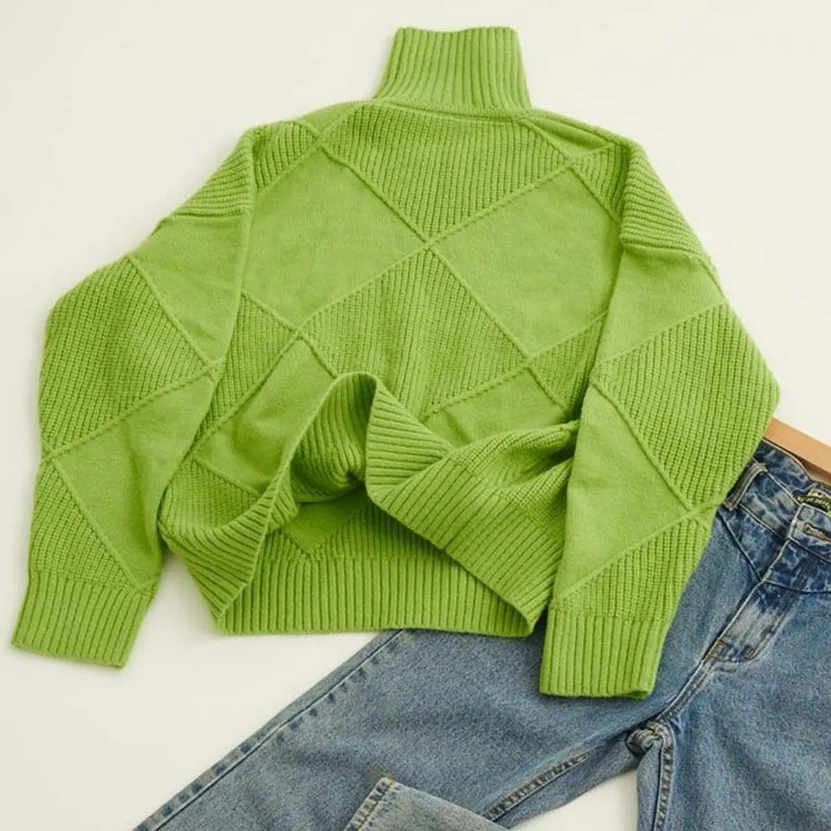 Women's Argyle Knit Turtleneck Sweater Relaxed Fit Jumper