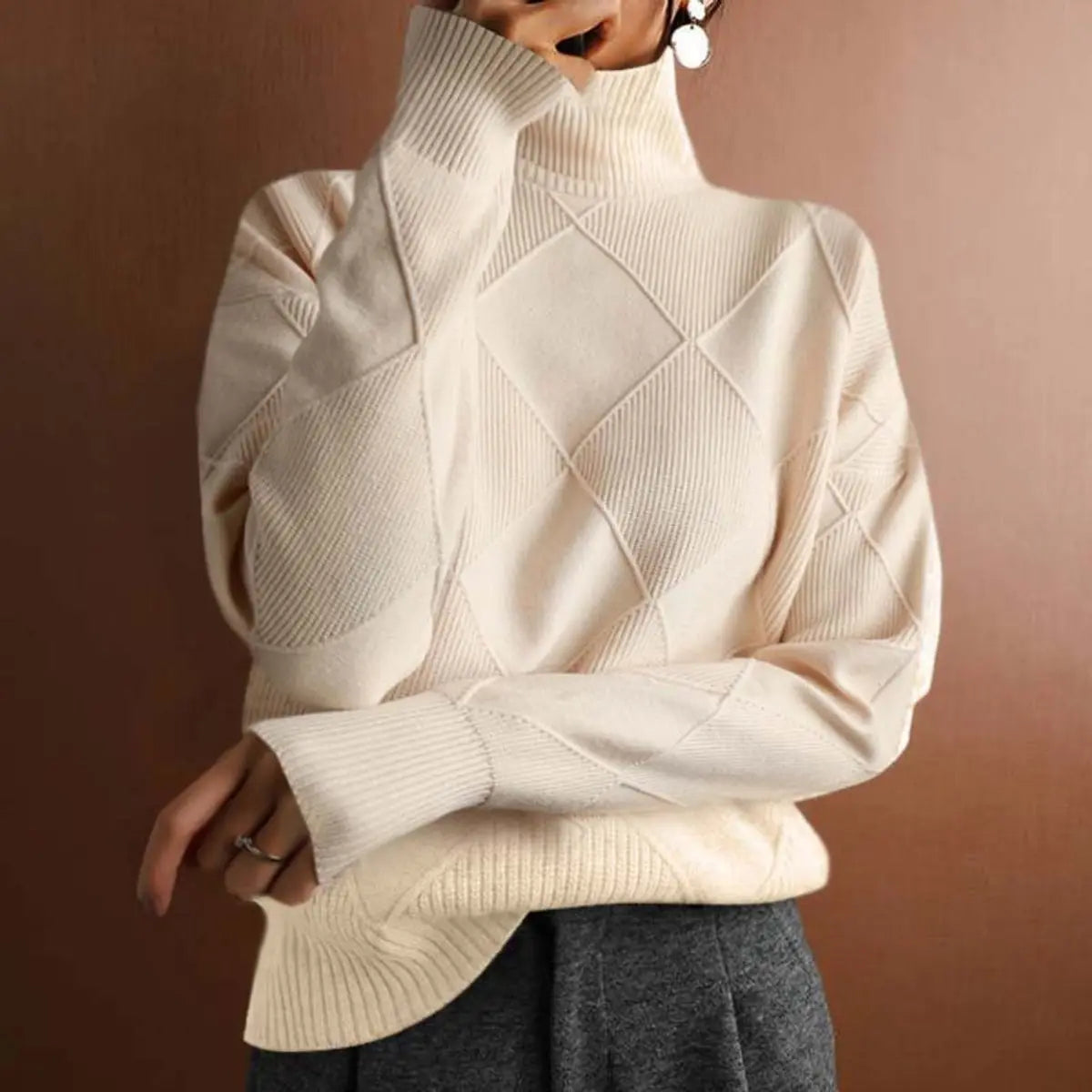Women's Argyle Knit Turtleneck Sweater Relaxed Fit Jumper - Beige