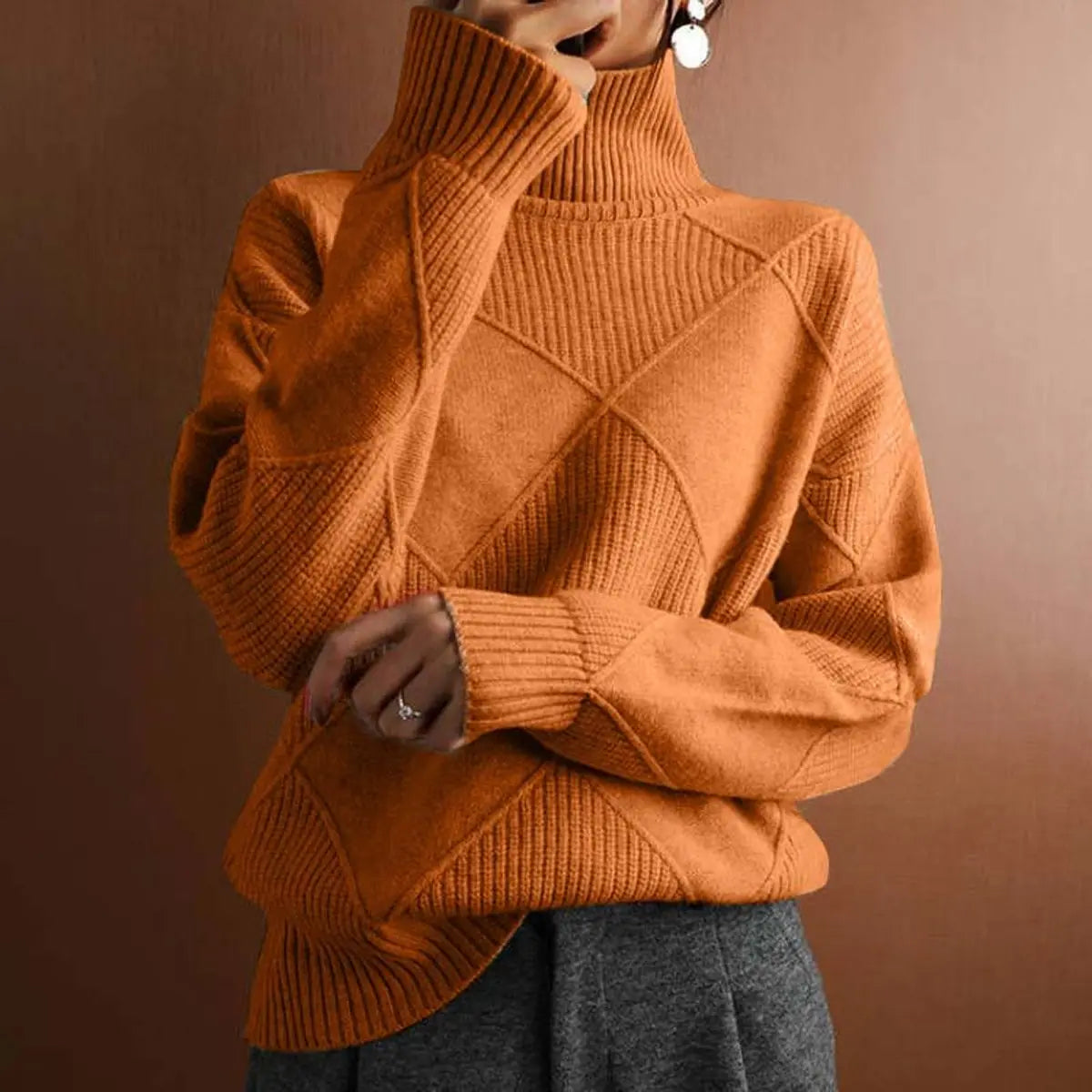 Women's Argyle Knit Turtleneck Sweater Relaxed Fit Jumper - Orange