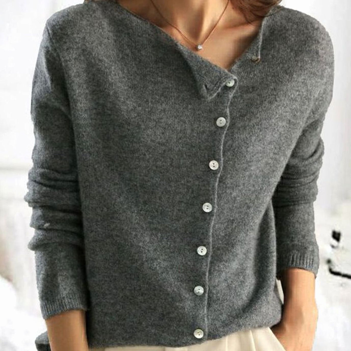 Women's Asymmetric-Button Soft-Knit Cardigan - Grey
