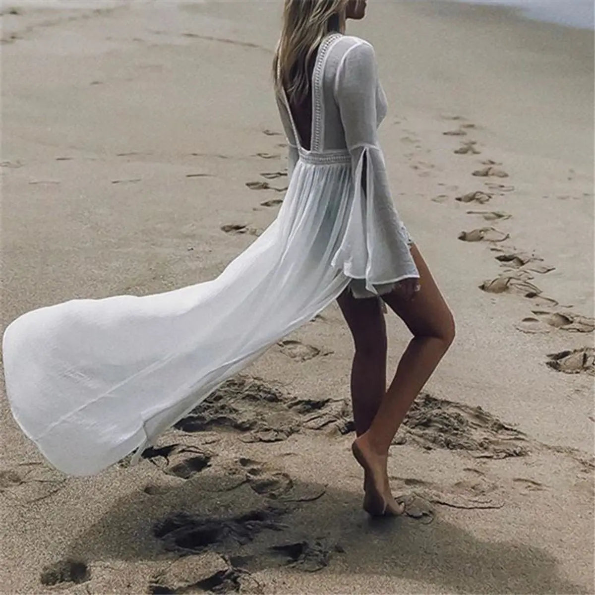 Women's Backless Flare-Sleeve Maxi Beach Tunic Dress