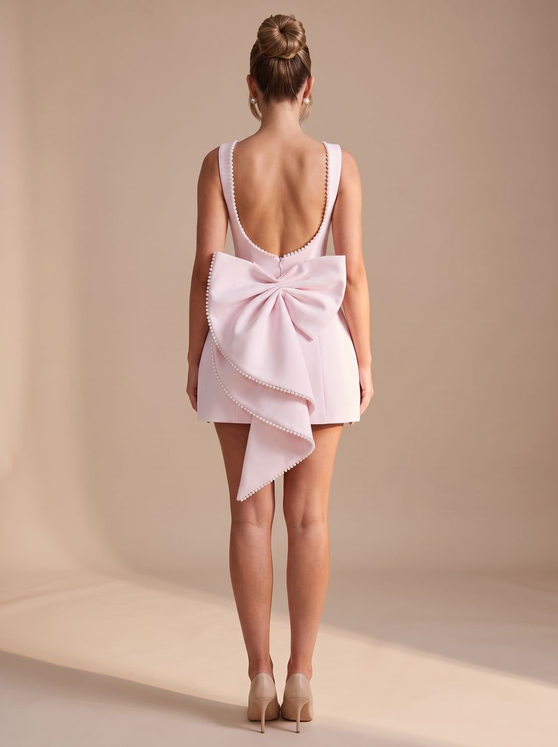 Women's Backless Pearl-Trim Bow Mini Dress