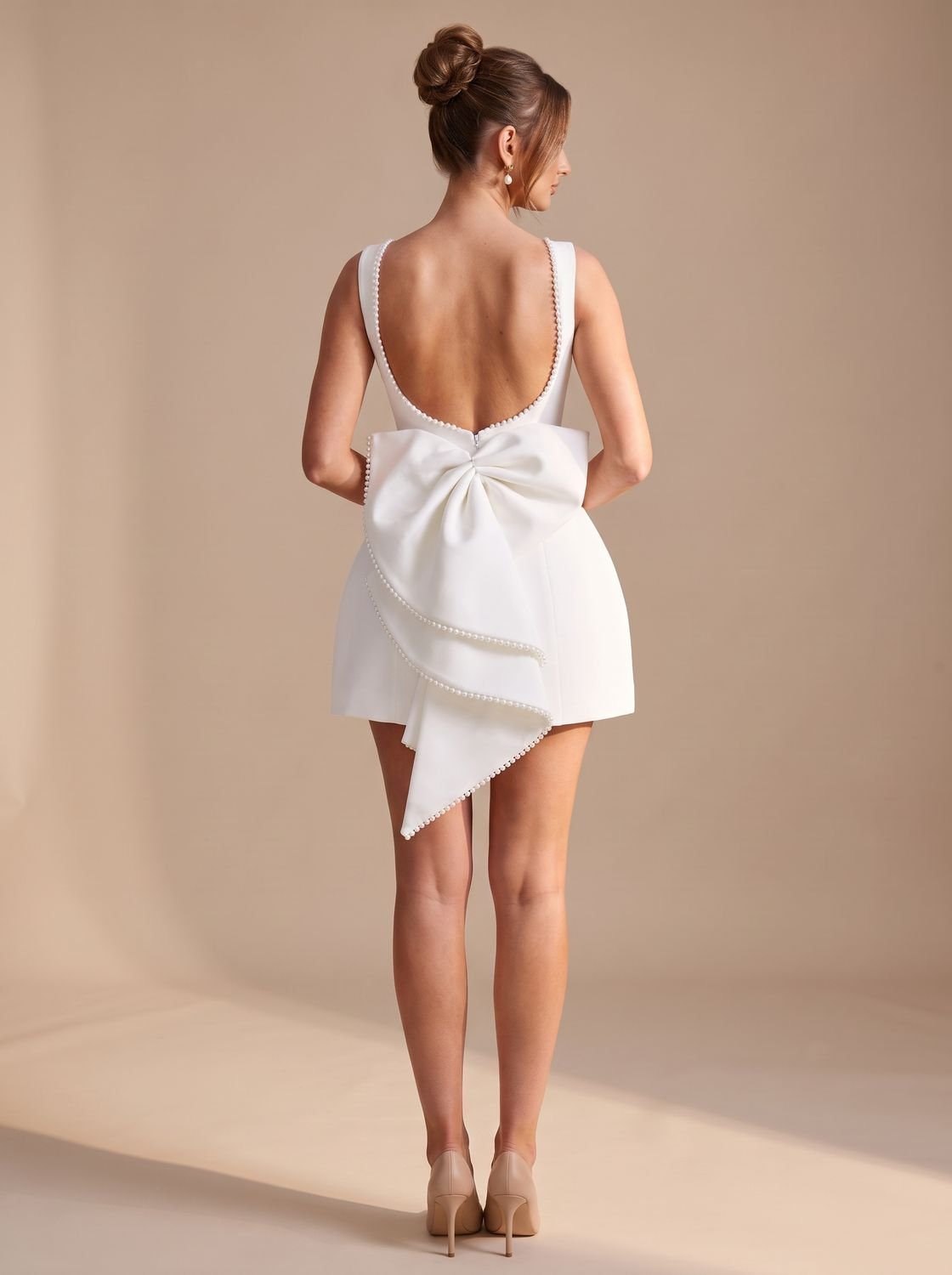 Women's Backless Pearl-Trim Bow Mini Dress - White