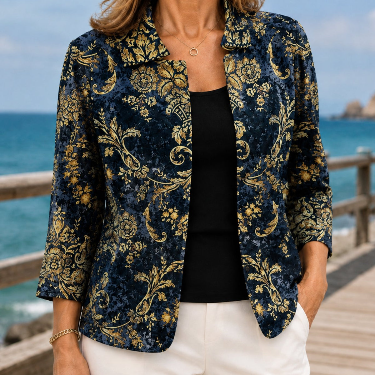 Women's Baroque Floral Open-Front Three-Quarter Sleeve Blazer - Dark Blue / Gold