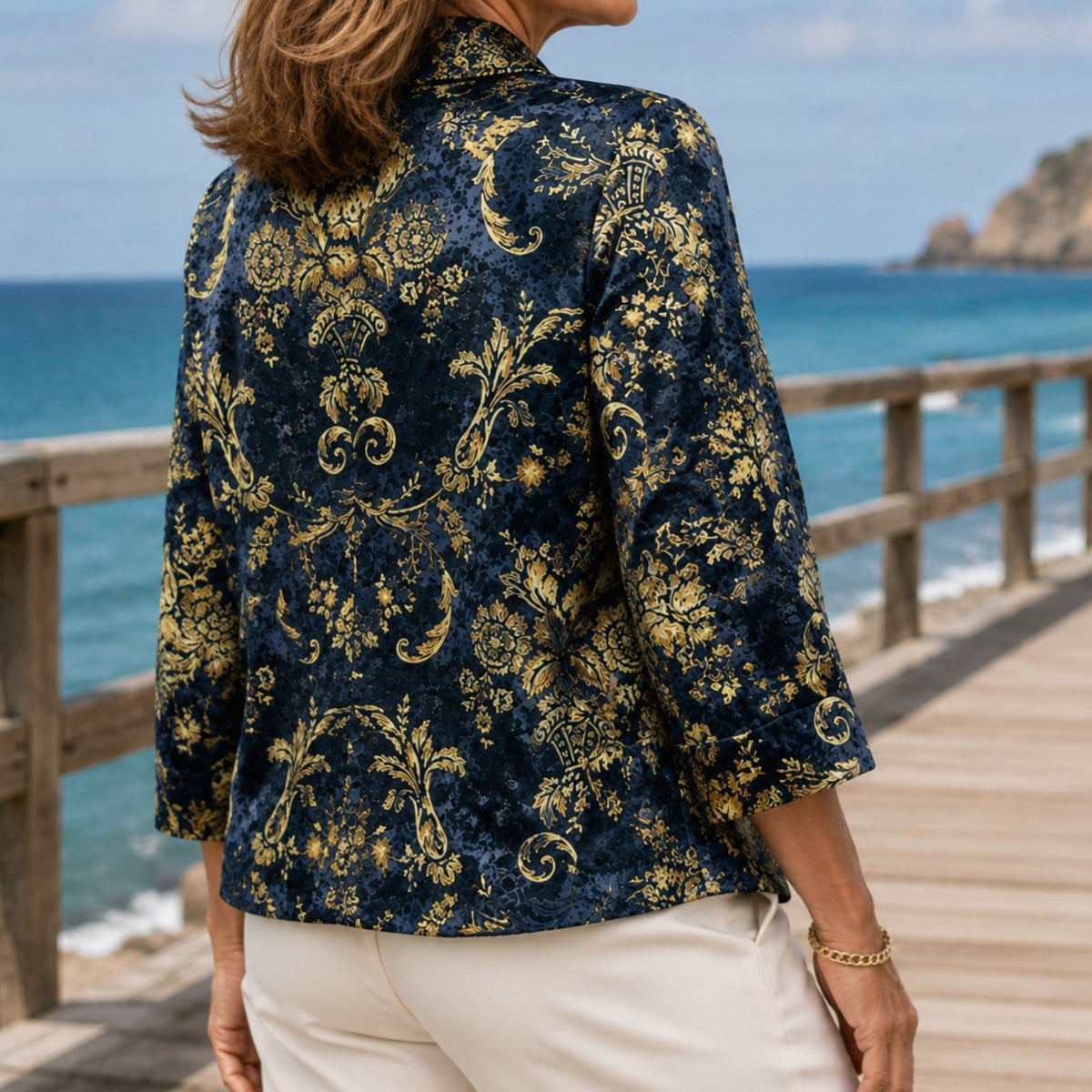 Women's Baroque Floral Open-Front Three-Quarter Sleeve Blazer