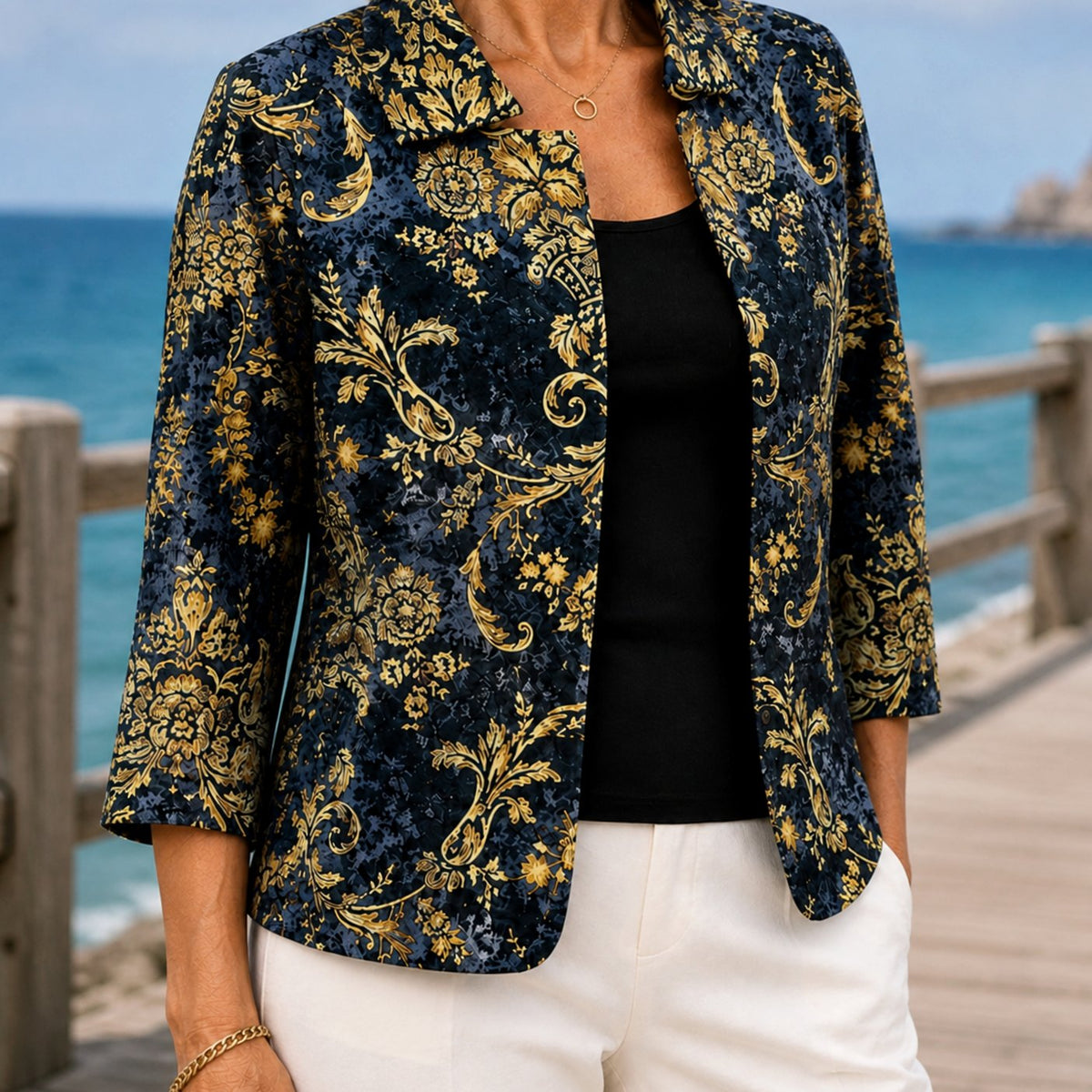 Women's Baroque Floral Open-Front Three-Quarter Sleeve Blazer