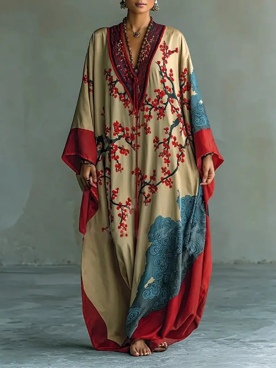 Women's Batwing Sleeve Floral Maxi Long Sleeve Dress Kimono - Red
