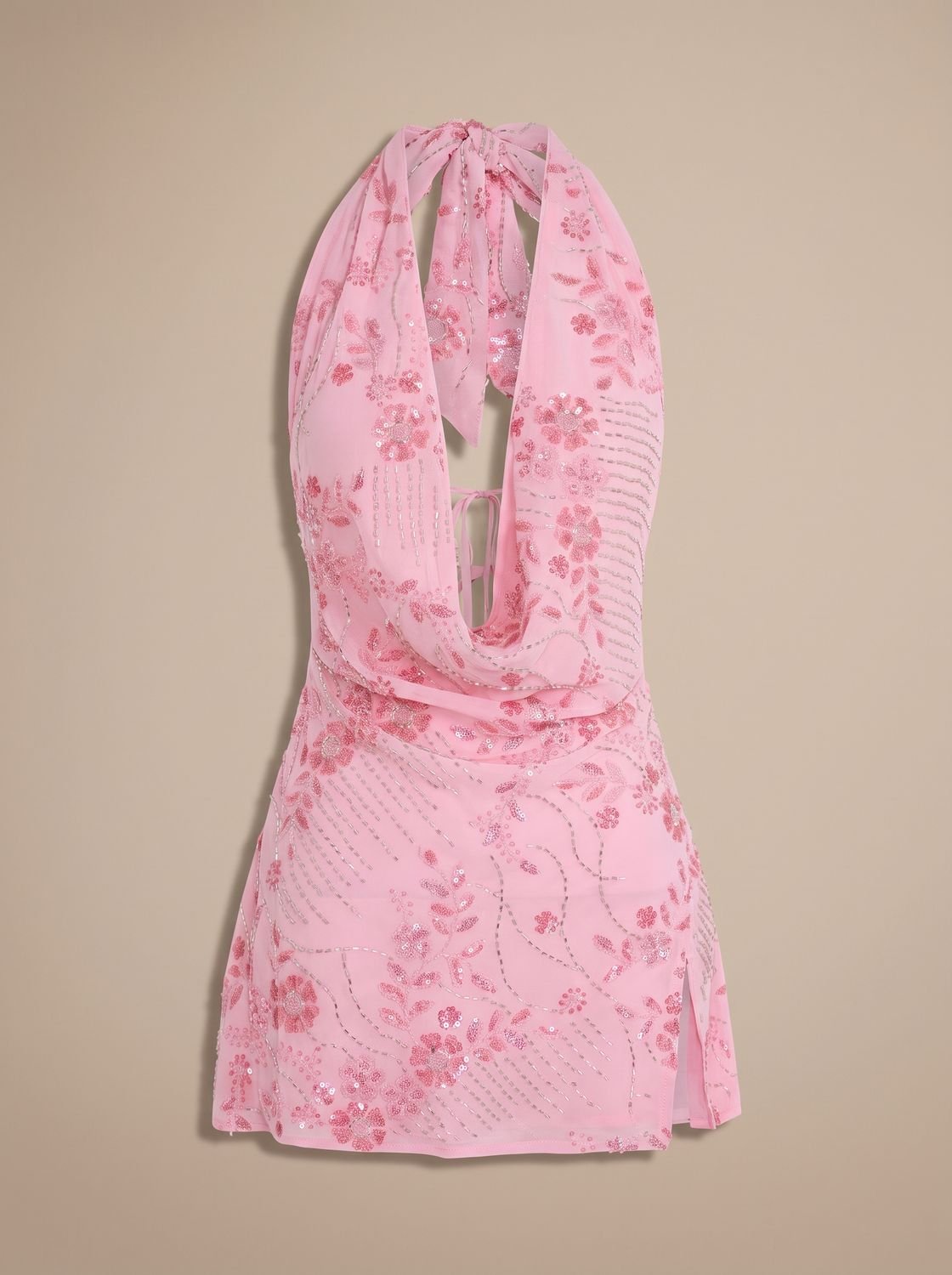 Women's Beaded Cowl-Neck Open-Back Mini Dress