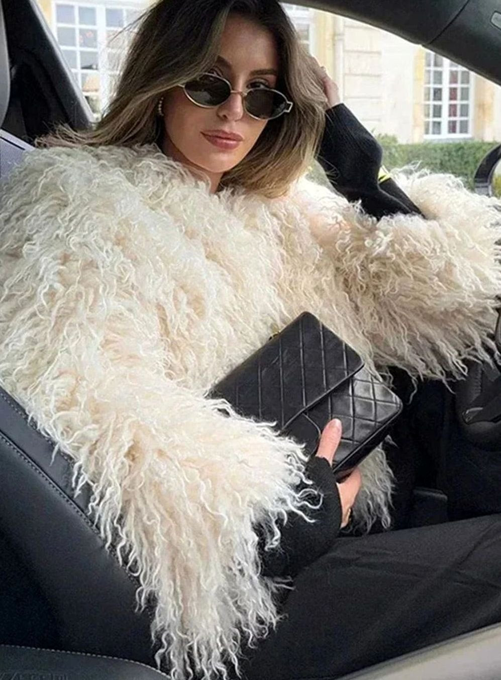 Women's Beige Fluffy Faux Fur Long-Sleeve Coat