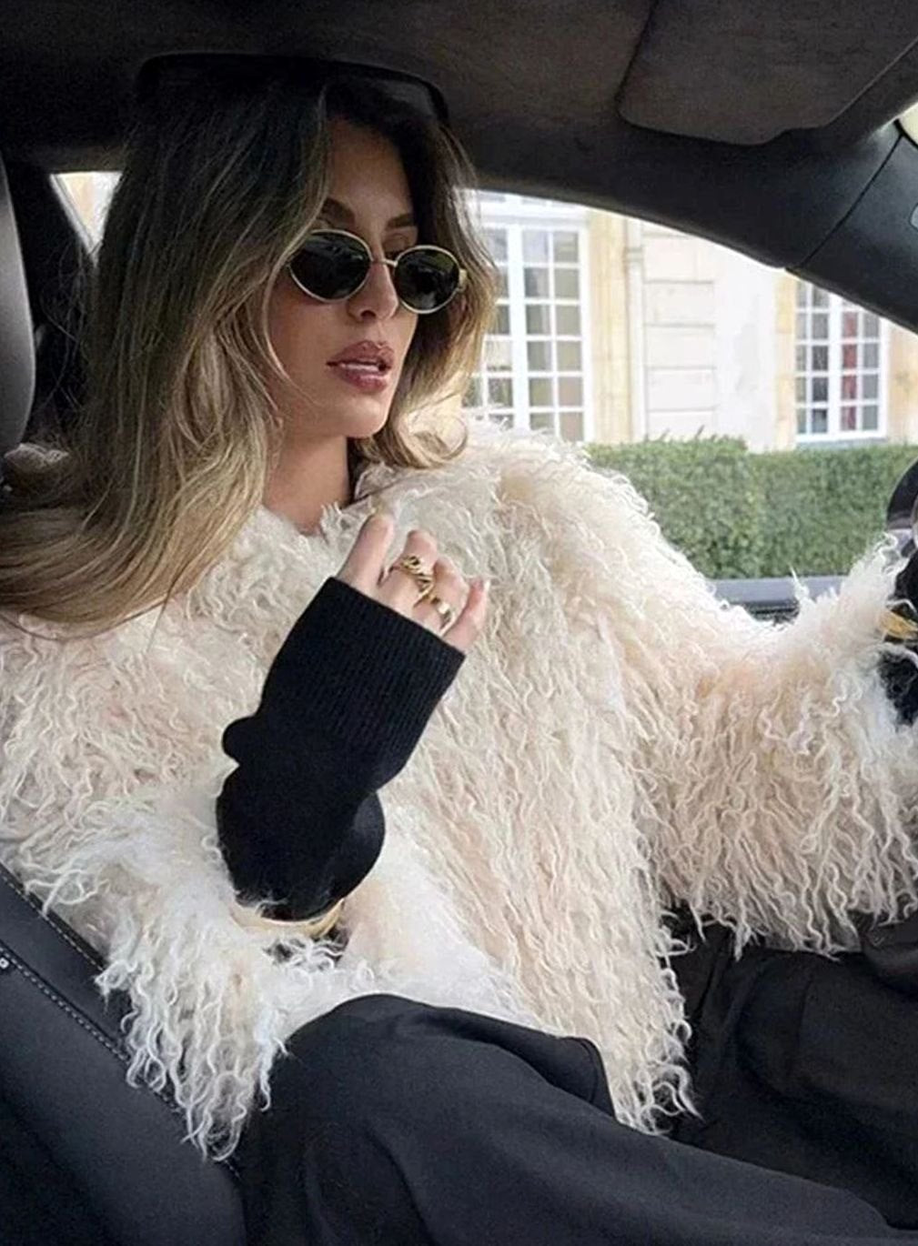 Women's Beige Fluffy Faux Fur Long-Sleeve Coat