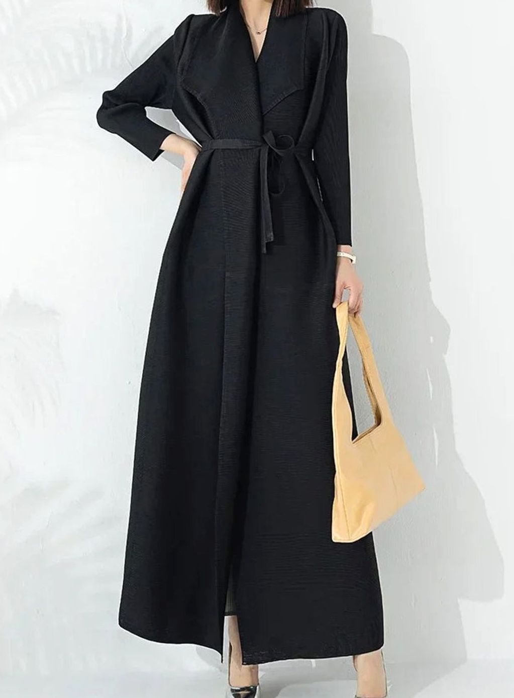 Women's Belted A-Line Maxi Coat Funnel Neck Full-Length - Black