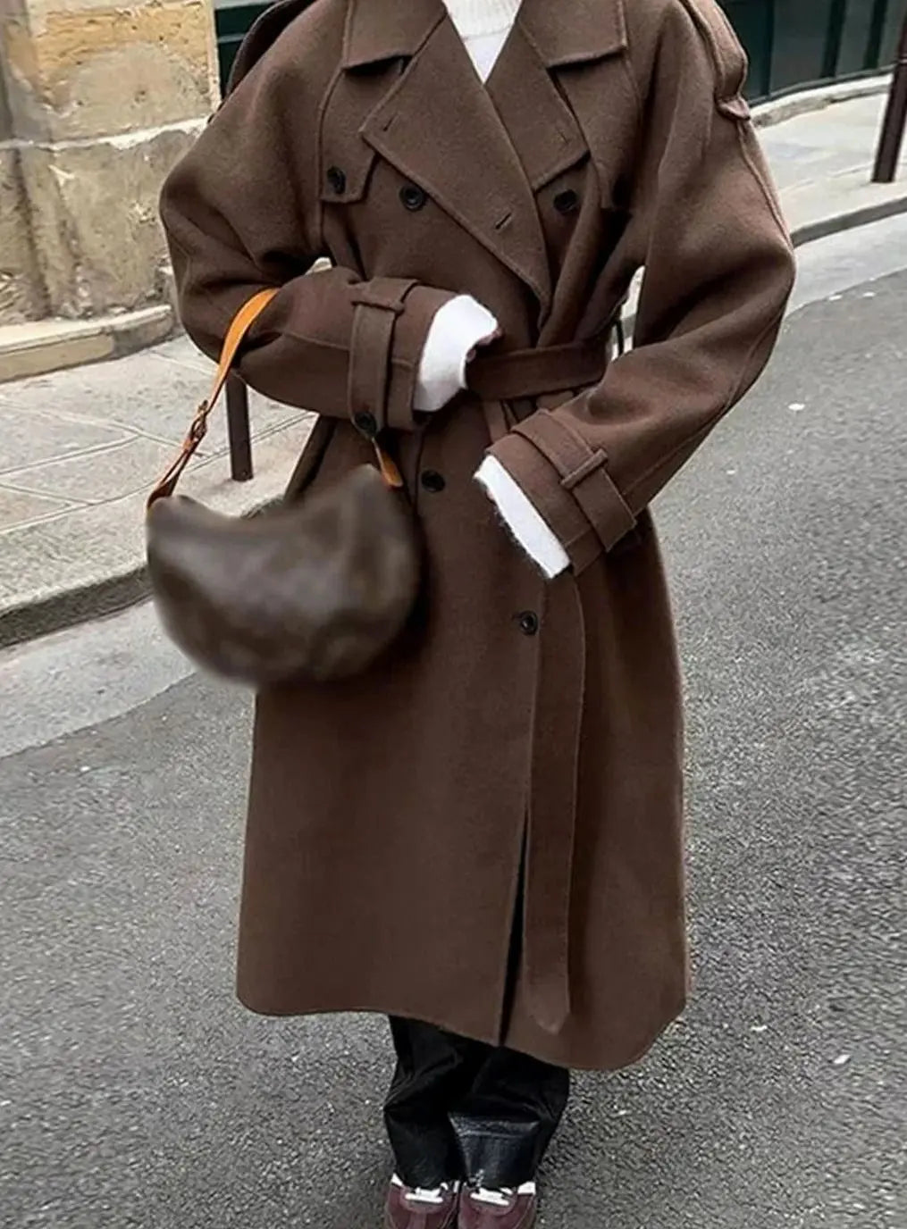 Women's Belted Button-Front Mid-Length Wool Midi Coat