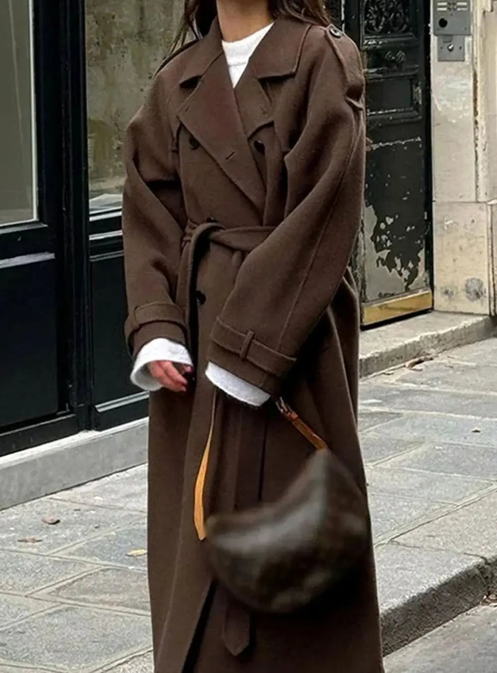 Women's Belted Button-Front Mid-Length Wool Midi Coat