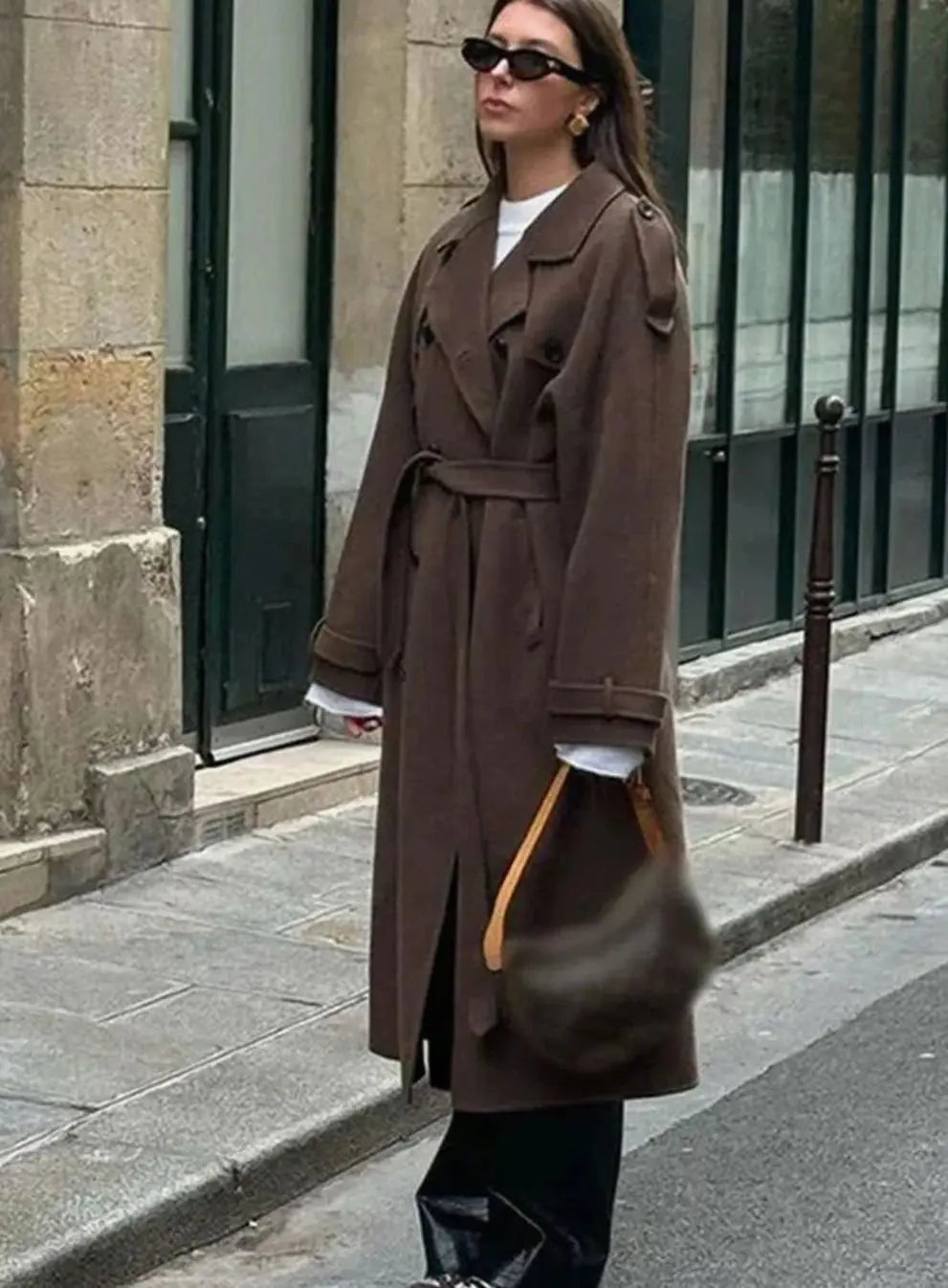 Women's Belted Button-Front Mid-Length Wool Midi Coat