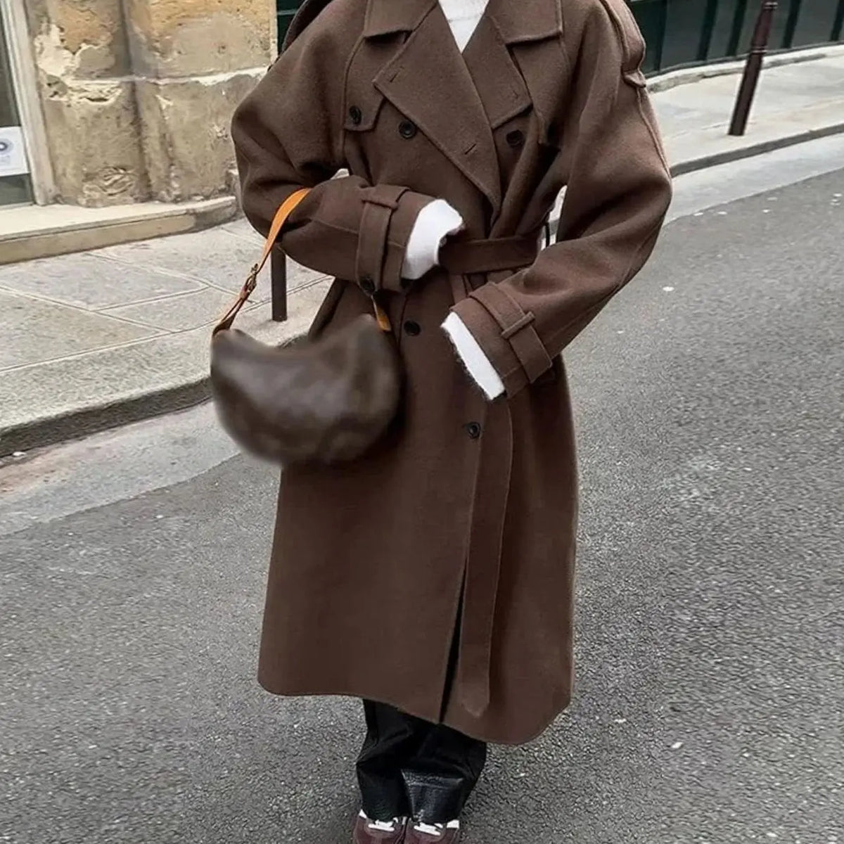 Women's Belted Button-Front Mid-Length Wool Midi Coat - Brown