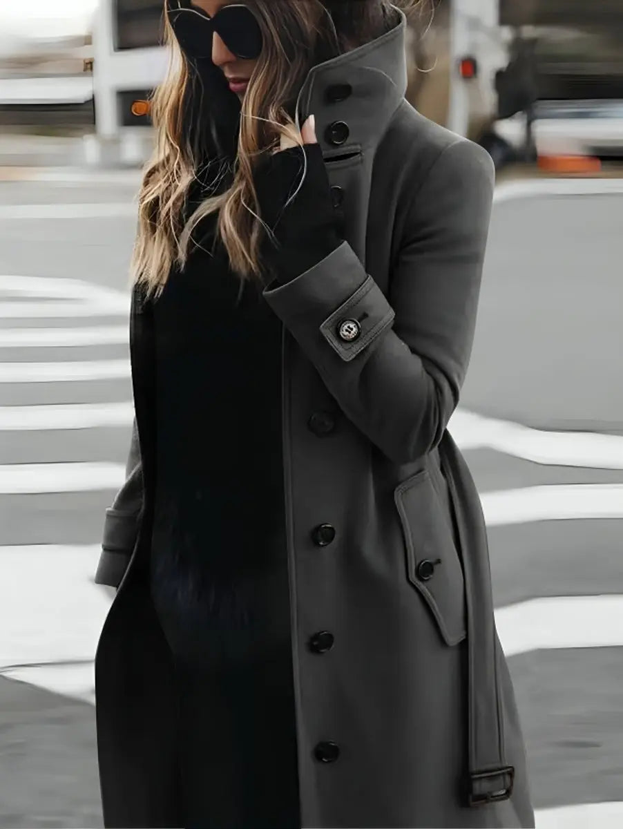 Women's Belted Double-Breasted Long Wool-Look Trench Coat - Grey