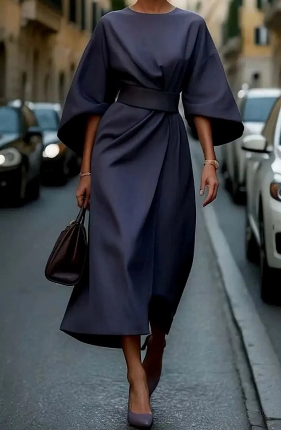 Women's Belted Kimono-Sleeve Midi Elegant Dress - Navy Blue