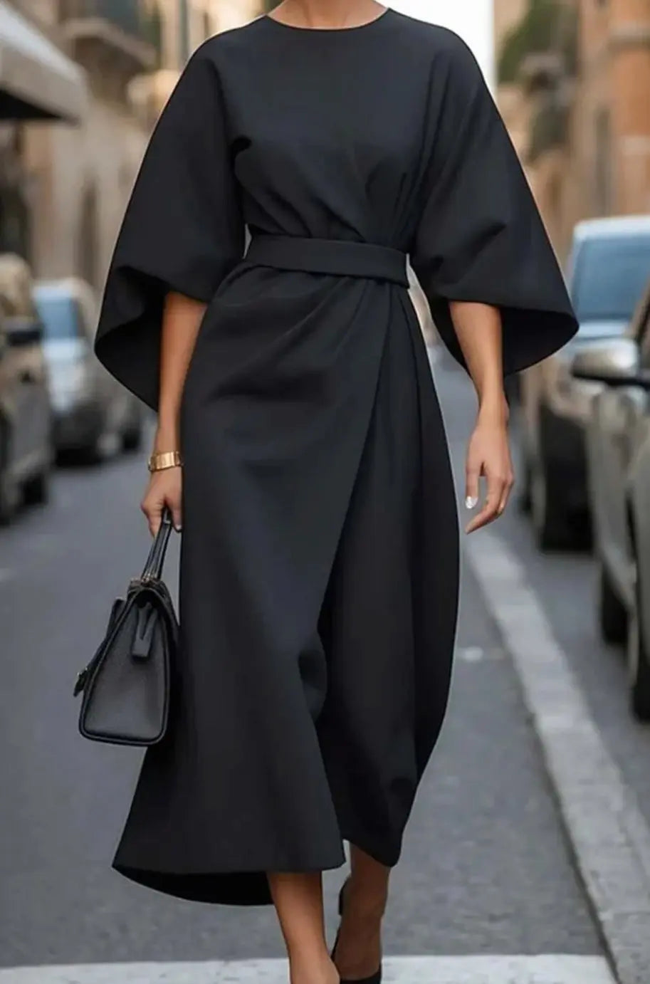 Women's Belted Kimono-Sleeve Midi Elegant Dress - Black
