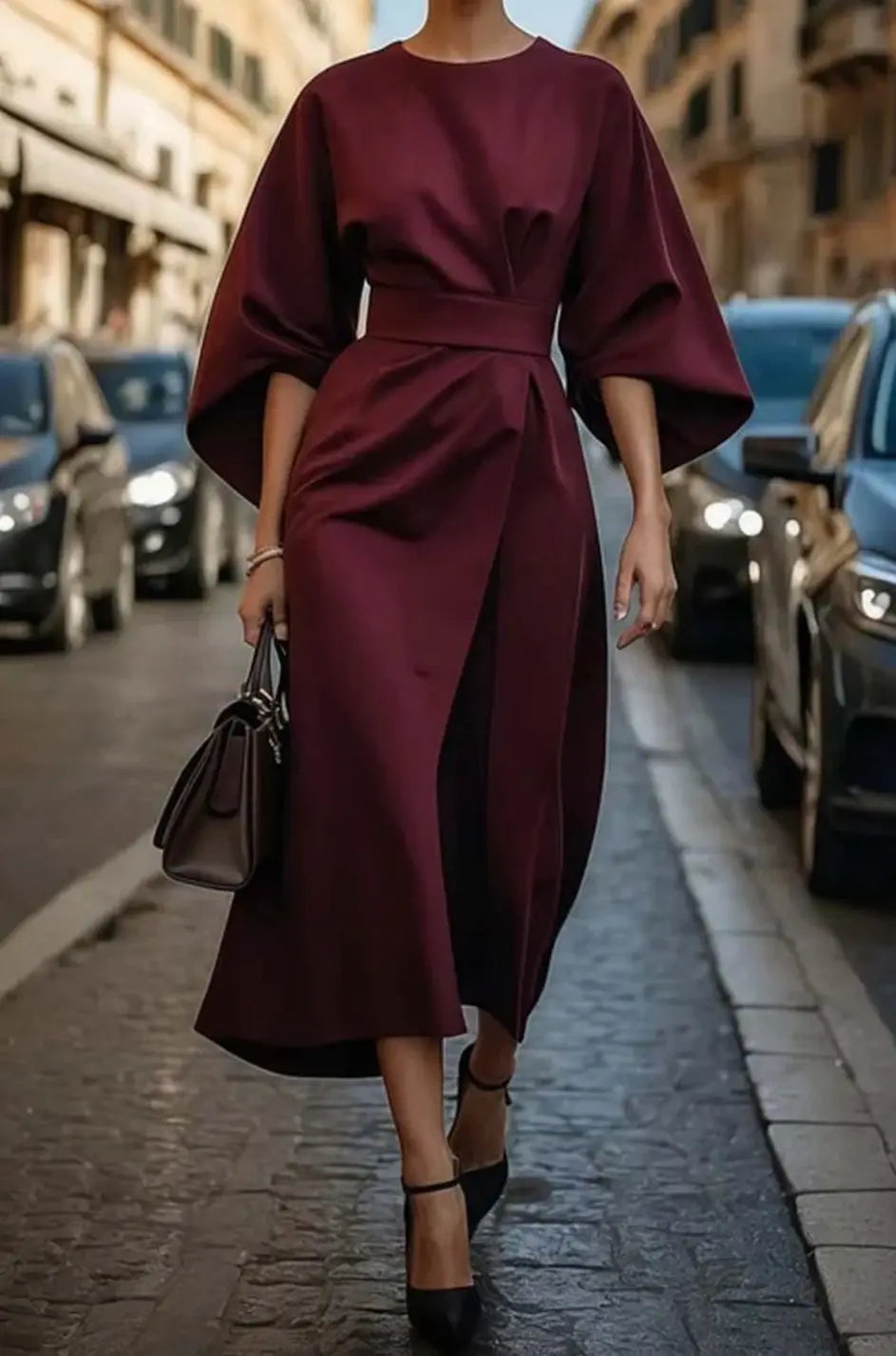 Women's Belted Kimono-Sleeve Midi Elegant Dress - Bordeaux