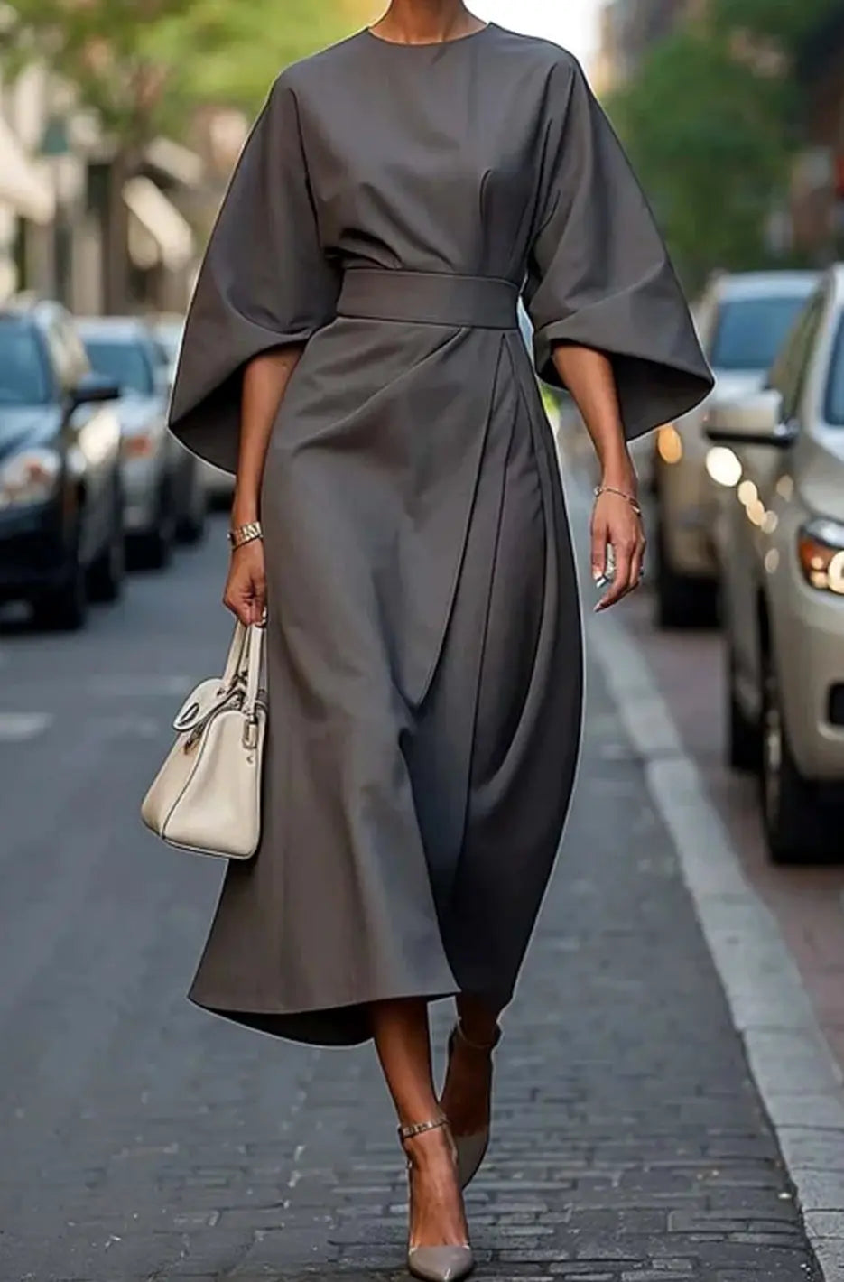 Women's Belted Kimono-Sleeve Midi Elegant Dress - Grey