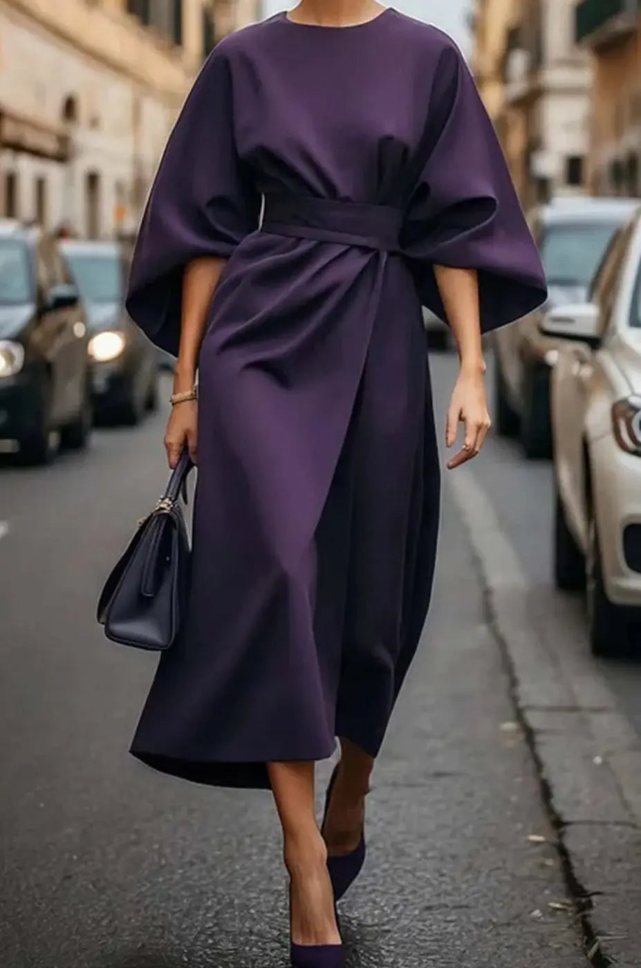 Women's Belted Kimono-Sleeve Midi Elegant Dress - Violet
