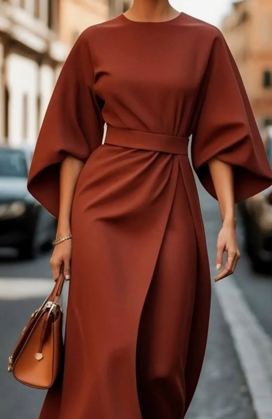 Women's Belted Kimono-Sleeve Midi Elegant Dress - Rust Brown