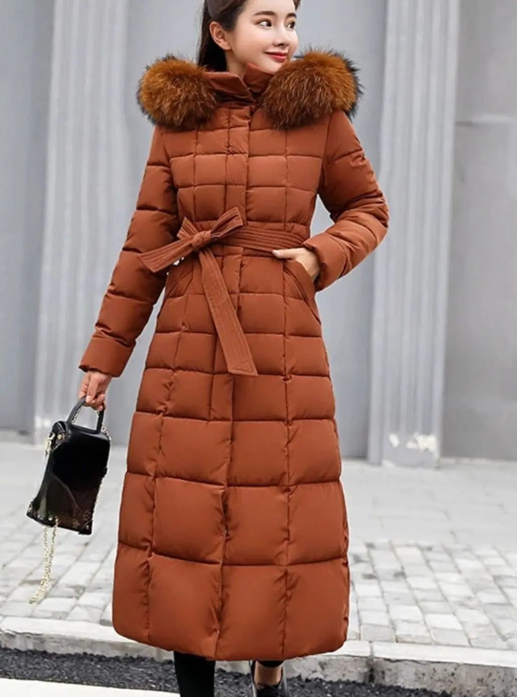 Women's Belted Long Quilted Hooded Puffer Coat Fur Trim - Caramel