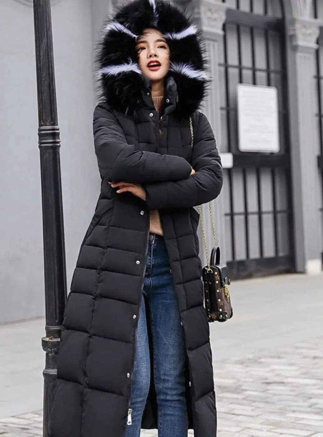 Women's Belted Long Quilted Hooded Puffer Coat Fur Trim - Black