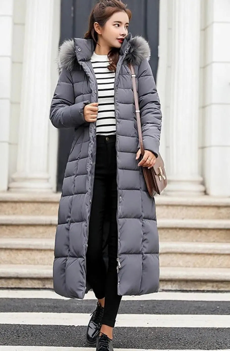 Women's Belted Long Quilted Hooded Puffer Coat Fur Trim - Dark Grey