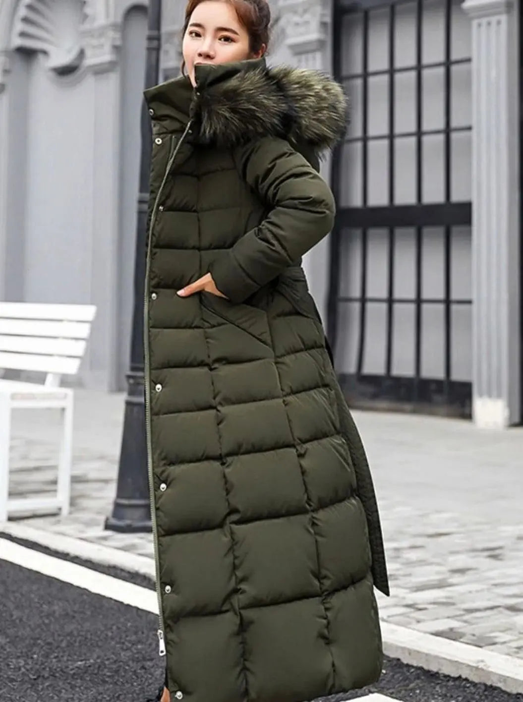 Women's Belted Long Quilted Hooded Puffer Coat Fur Trim - Army Green