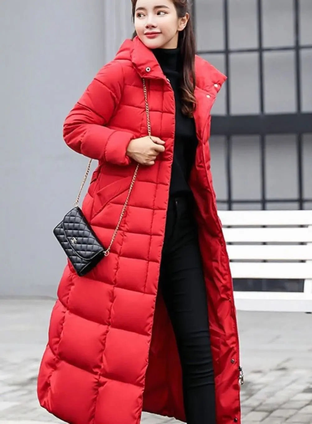 Women's Belted Long Quilted Hooded Puffer Coat Fur Trim - Red