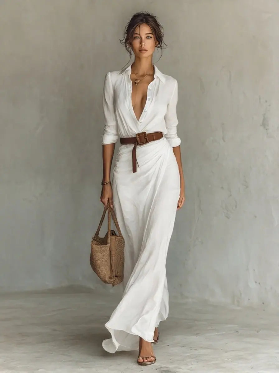 Women's Belted Maxi Long Sleeve Dress Shirt Collar Flowy - White