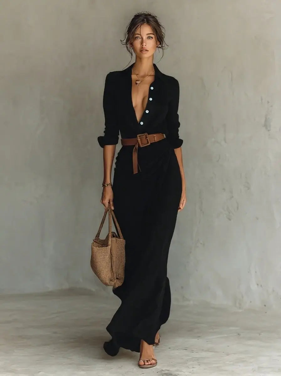 Women's Belted Maxi Long Sleeve Dress Shirt Collar Flowy - Black