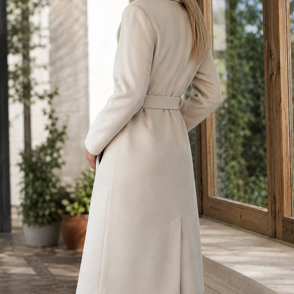 Women's Belted Overcoat Notched-Lapel Below-Knee Winter Coat