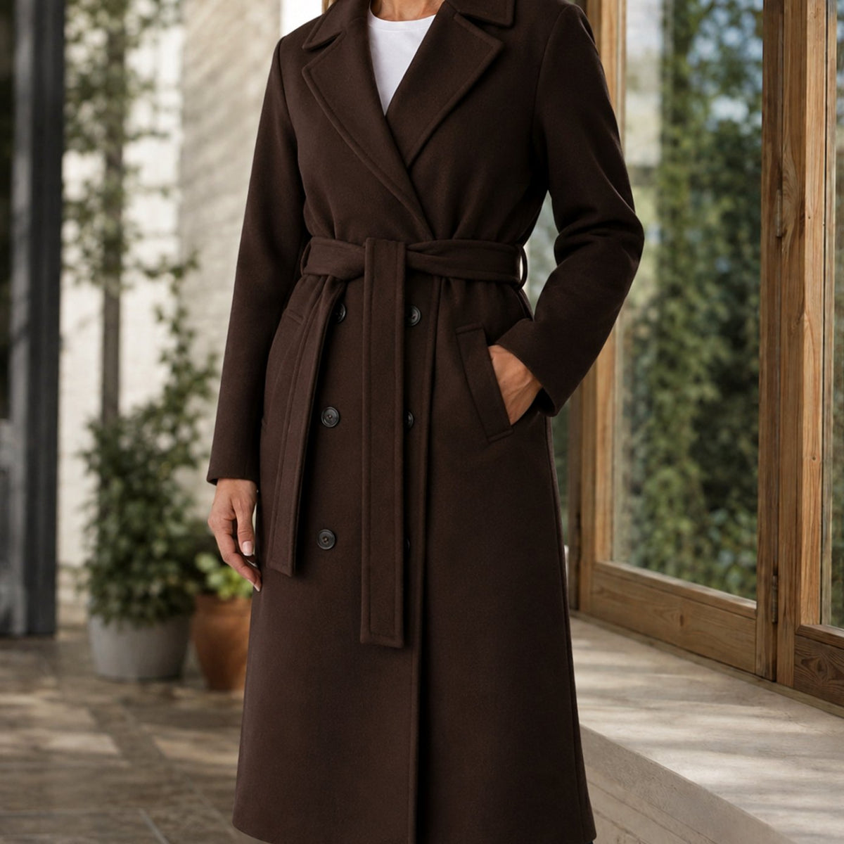 Women's Belted Overcoat Notched-Lapel Below-Knee Winter Coat - Chocolate