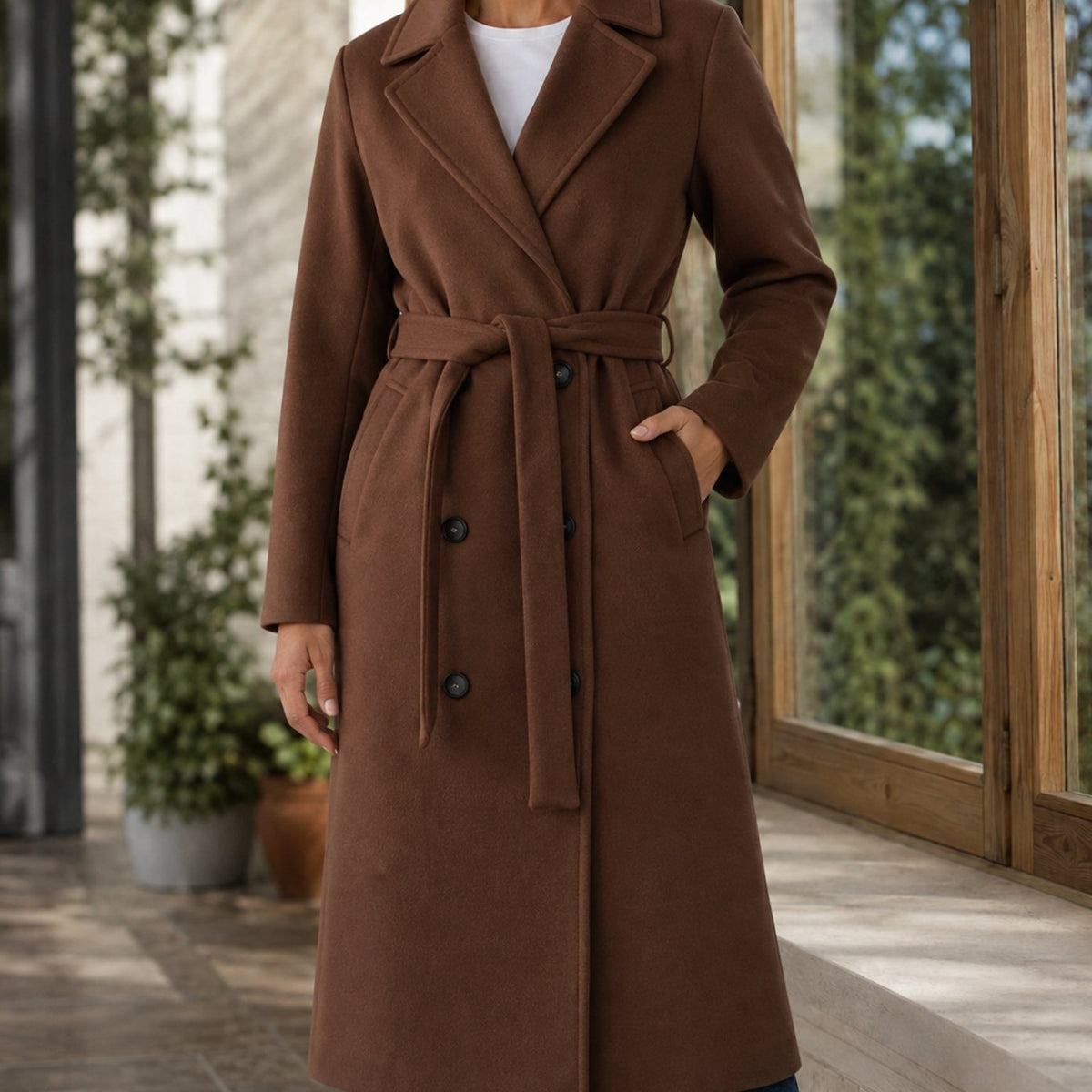 Women's Belted Overcoat Notched-Lapel Below-Knee Winter Coat - Brown