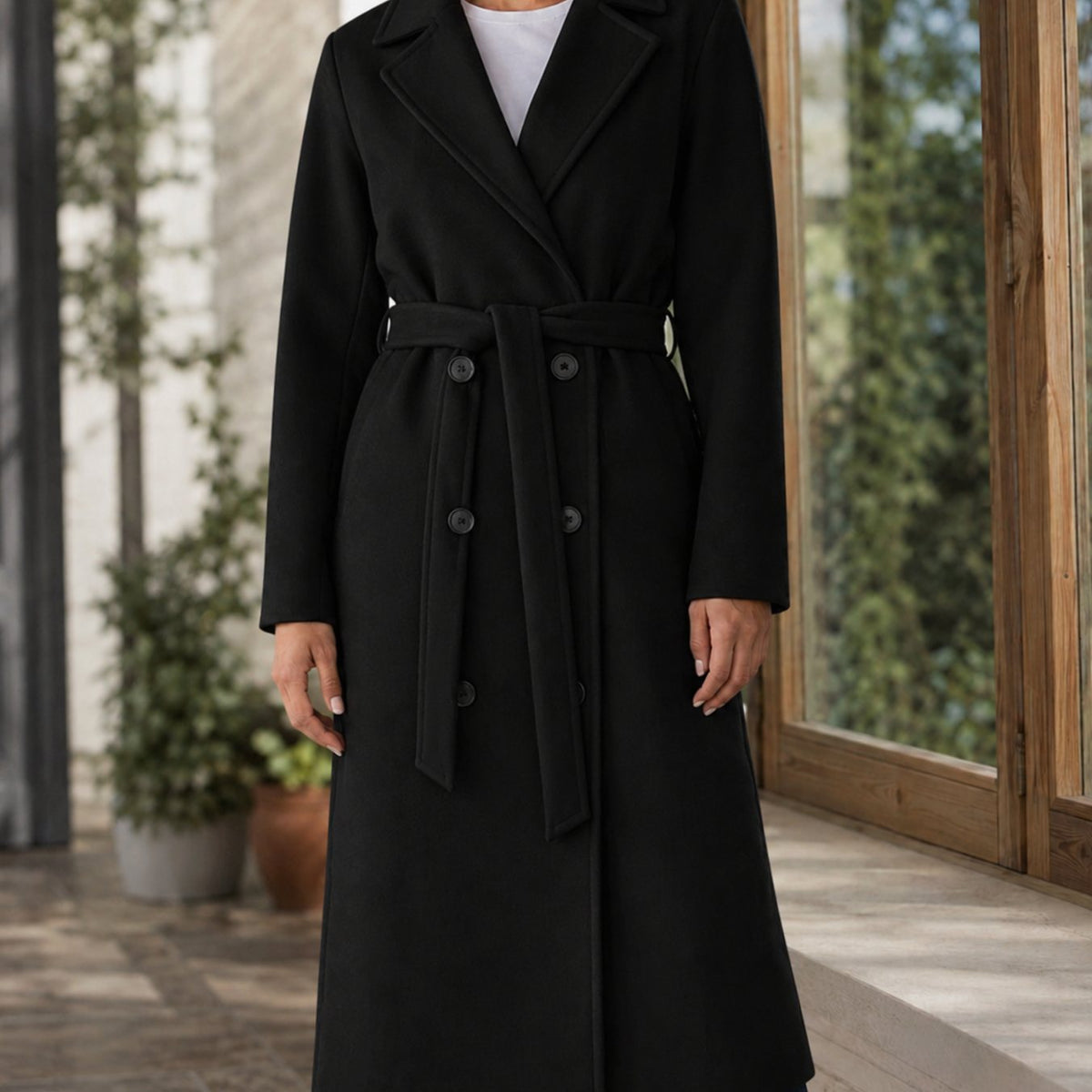 Women's Belted Overcoat Notched-Lapel Below-Knee Winter Coat - Black