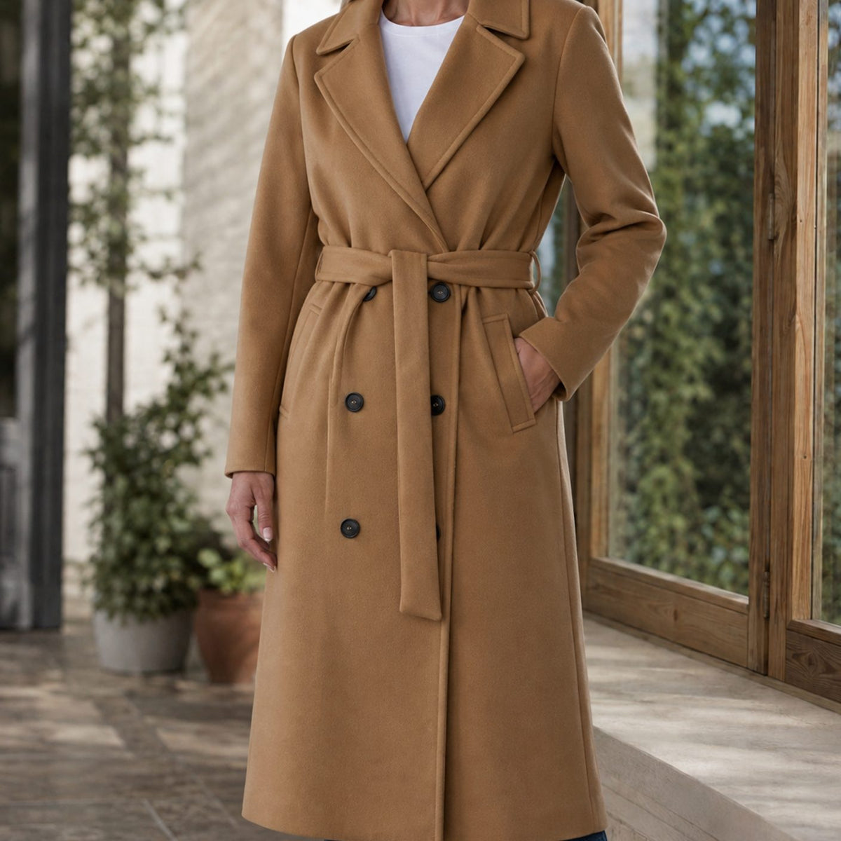 Women's Belted Overcoat Notched-Lapel Below-Knee Winter Coat - Khaki