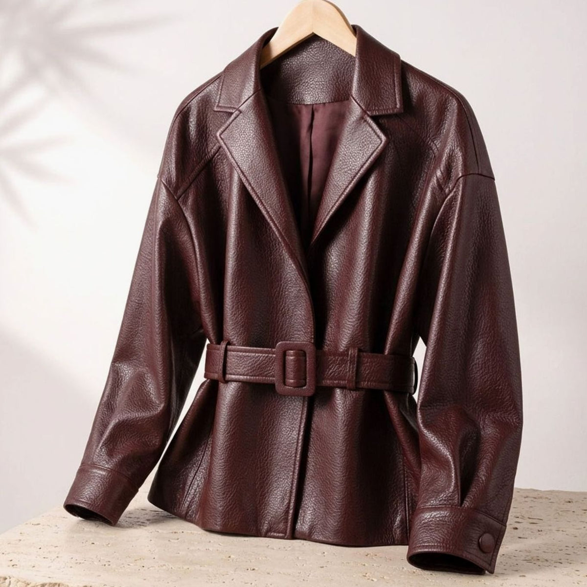 Women's Belted Sheepskin Leather Tailored Jacket - Brown