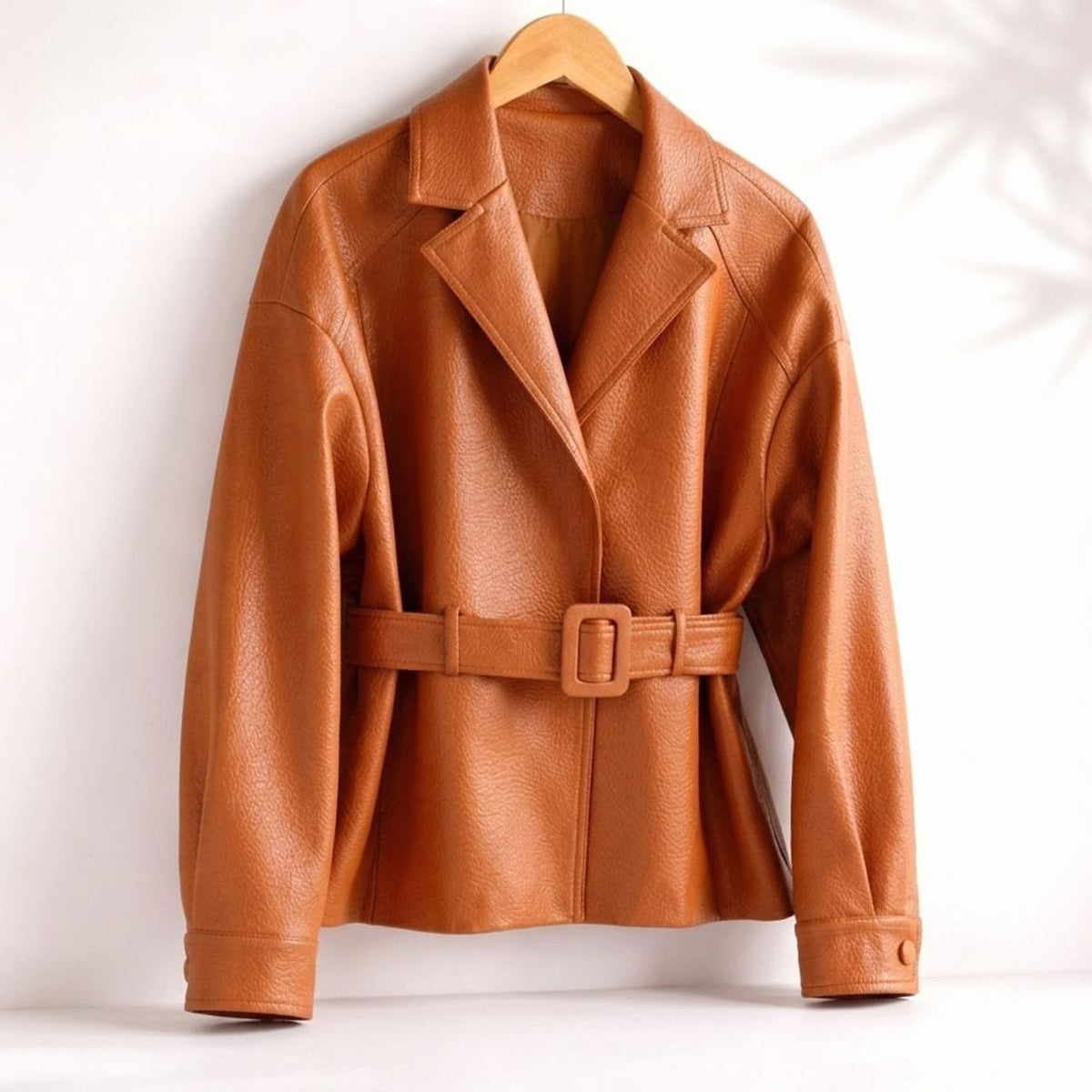 Women's Belted Sheepskin Leather Tailored Jacket - Orange