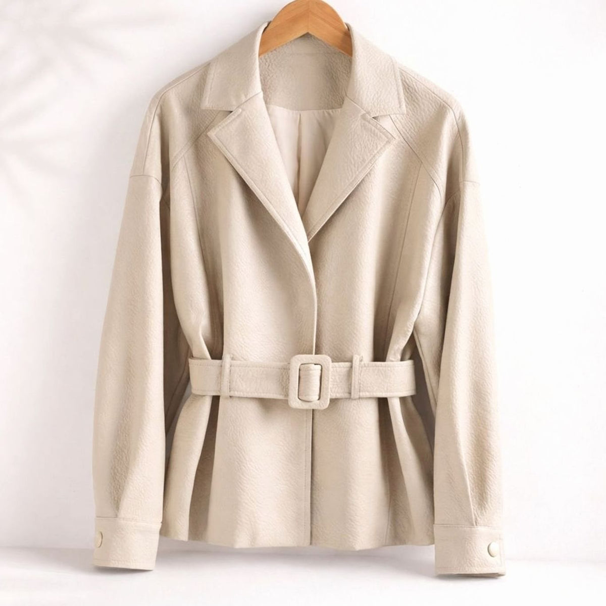 Women's Belted Sheepskin Leather Tailored Jacket - Cream