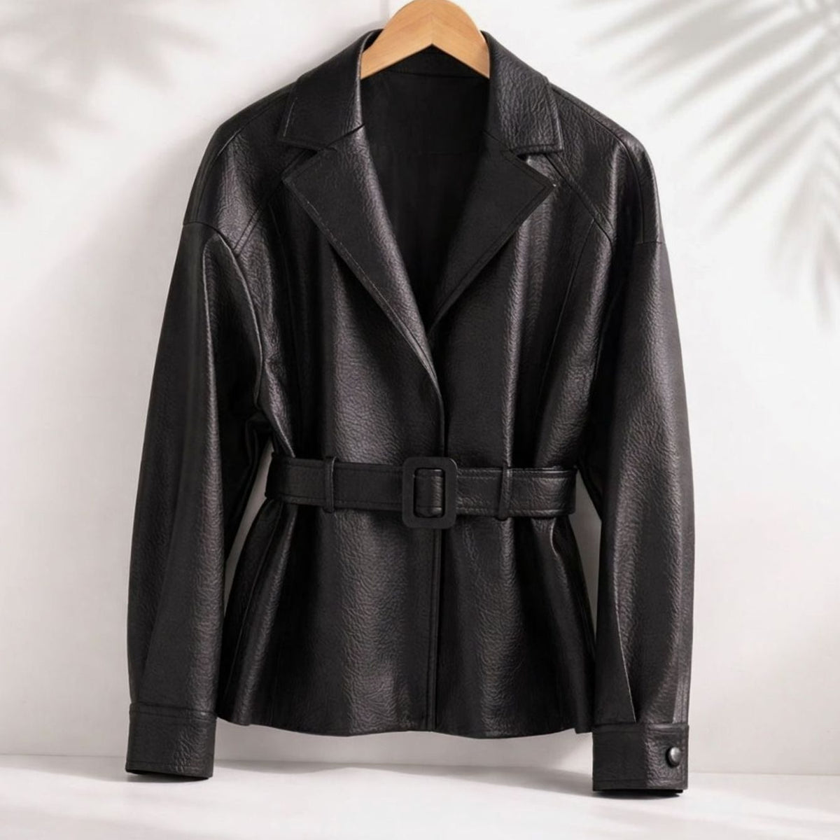 Women's Belted Sheepskin Leather Tailored Jacket - Black