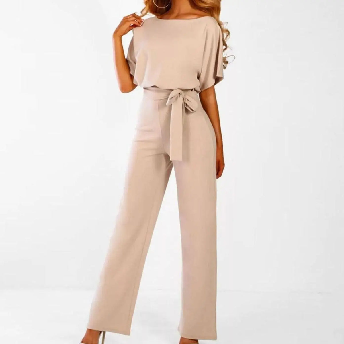 Women's Belted Wide-Leg Two-Piece Set Short-Sleeve Top - Beige